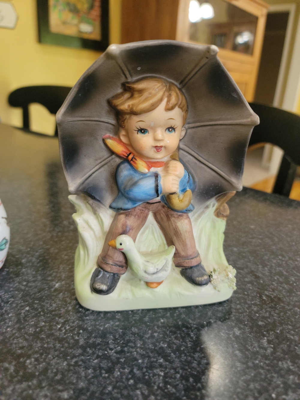 Vintage Porcelain Boy with Umbrella and Duck Figurine - Blue Jacket